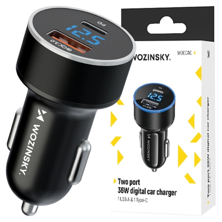 Wozinsky WDCCAC USB-C USB-A 36W autós töltő, 2 port, fekete