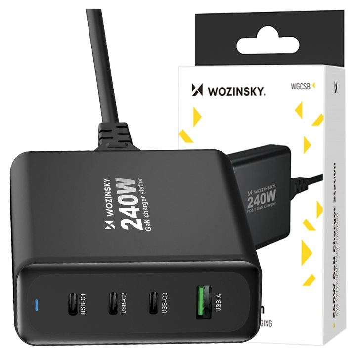 Wozinsky WGCSB 240W GaN fali töltő USB-A / 3 x USB-C, fekete