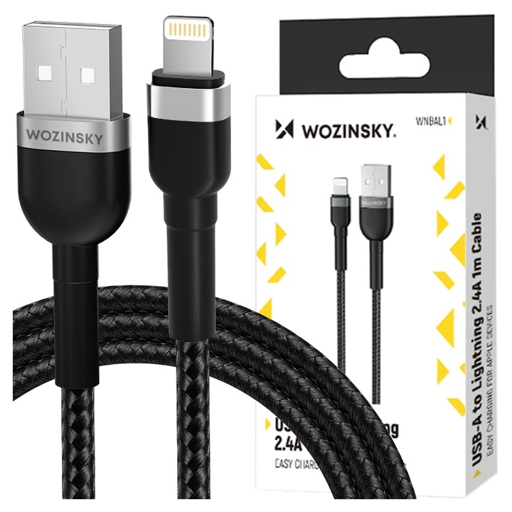 Wozinsky WNBAL1 USB-A / Lightning 2.4A kábel 1m, fekete, nylon