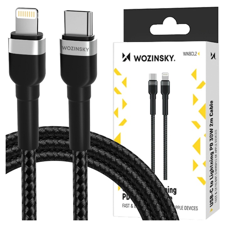 Kábel típusa Lightning / USB-C, Wozinsky, 2 m, fekete