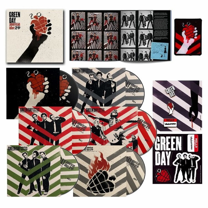 Set box Green Day - American Idiot, 4CD+2BluRay, 15 demo-uri, 48 pagini carte, pin emailat, autocolante, patch textil