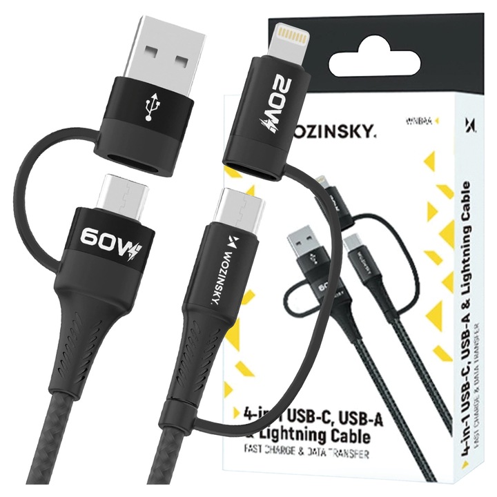 Wozinsky WNBAA 4w1 кабел, 2x USB-C, 1x USB-A, 1x Lightning, 60W, 1 m, черен