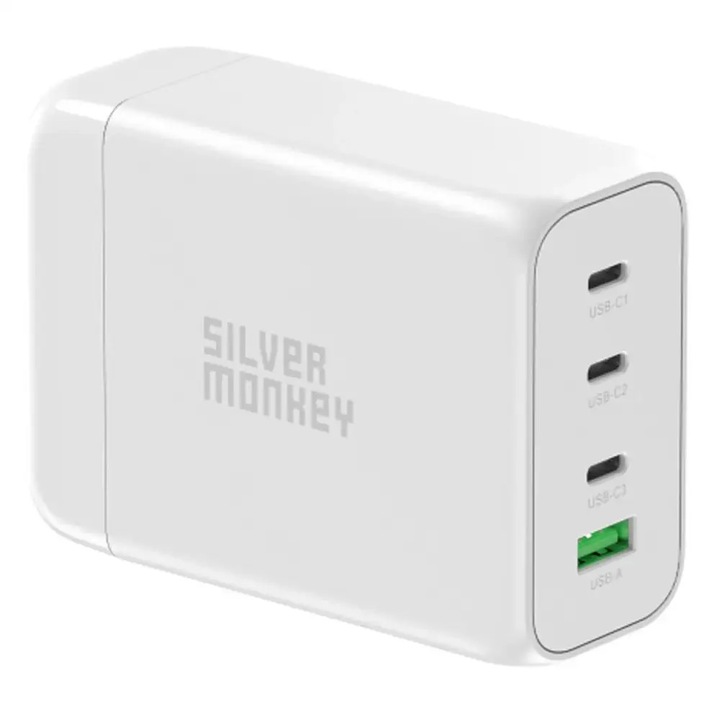 Incarcator GaN Silver Monkey SMA152 130W, 3xUSB-C PD, 1xUSB-A QC 3.0, alb, cablu detasabil