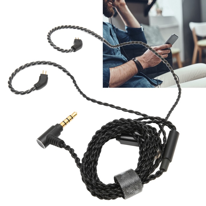 Jormftte fejhallgató frissítő kábel, 0.78mm, 2 tűs, szögletes 3.5mm csatlakozó, PVC, fém, fekete