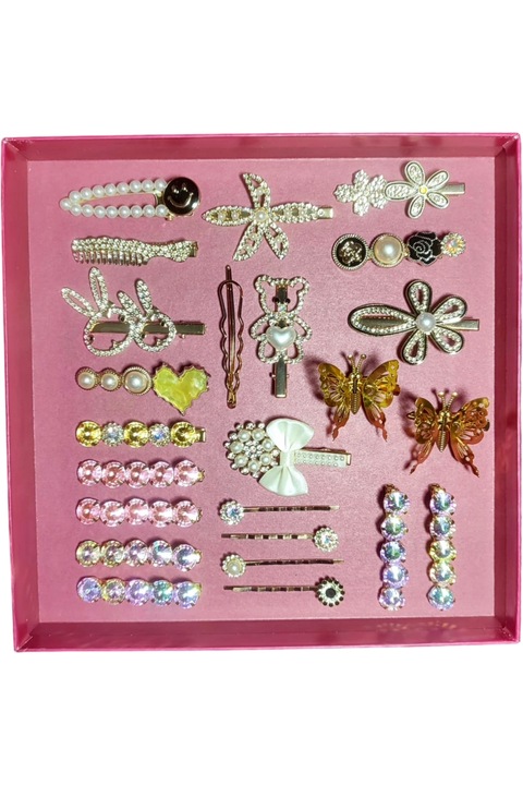 Set 24 agrafe/clesti par, StarFashion, decorate cu cristale si perle, auriu