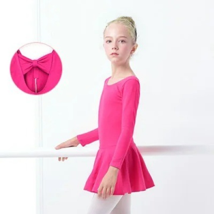 Costum pentru dans/gimnastica Mixbo, body cu fustita, maneca lunga, bumbac, fucsia, 130 cm, 6-7 ani