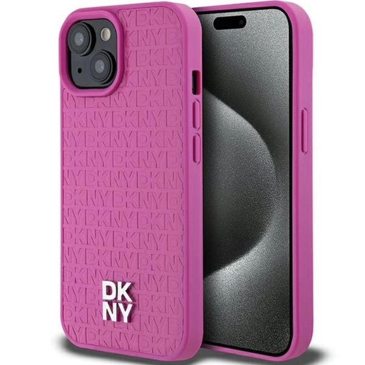 DKNY Mobiltelefon tok, bőr, monogram mintás, fém logós, kompatibilis MagSafe, iPhone 15 / 14 / 13, rózsaszín