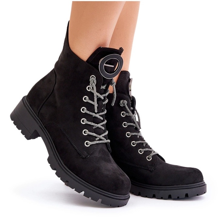 Дамски боти, изолирани, с декоративни връзки, черни, екологична кожа