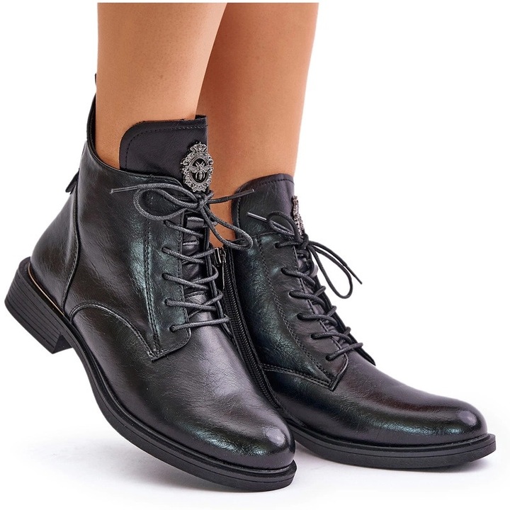 Дамски боти, екологична кожа, черни, равен ток