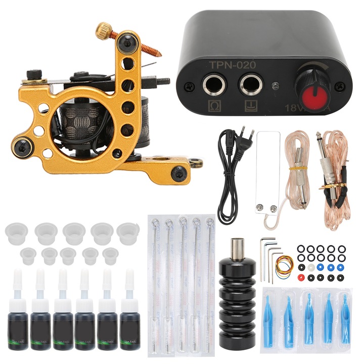 Jormftte tetováló felszerelés szett, tekercses tetoválógép, 0-18V tápegység, 5 ml gyakorló tinta, klip kábel, lábpedál