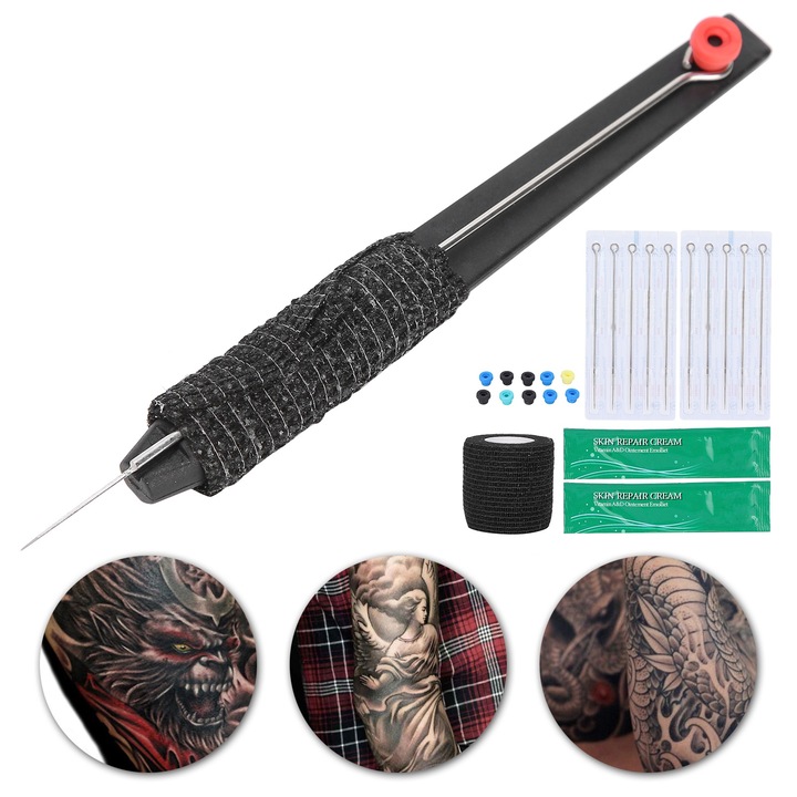Kit de tatuaj profesional cu bat de mana Kit de instrumente cu ac de tatuaj pentru tatuaj Aprovizionare cu stilou negru