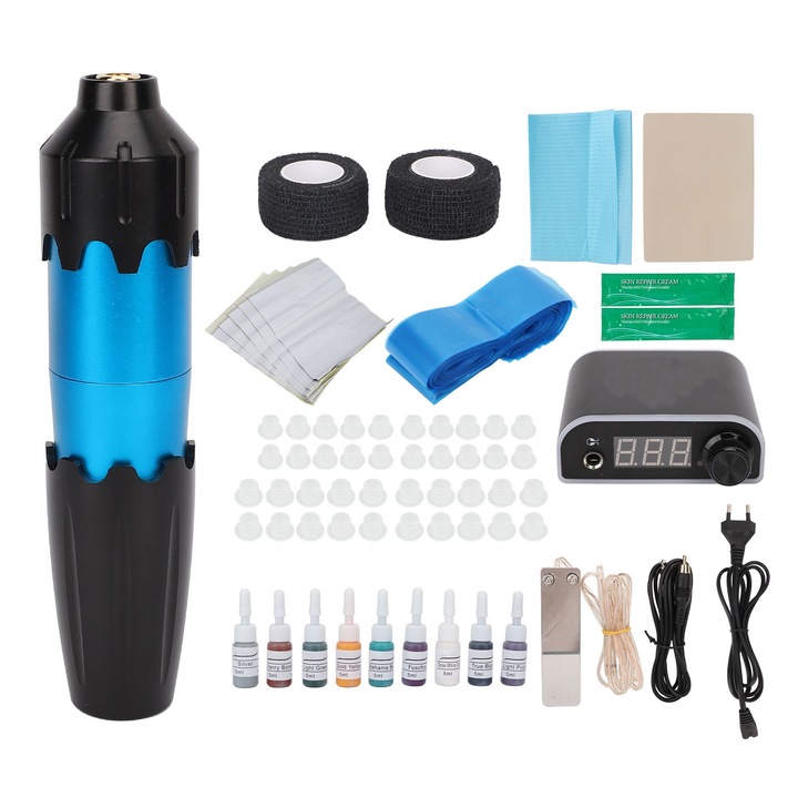 Tattoo rotációs tollkészlet kezdőknek, színes tápegység, lábpedál, tetoválógép készlet gyakorló tintával (100-240 V) EU csatlakozó