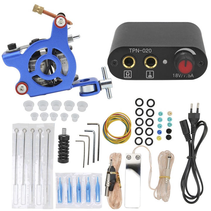 Tetováló készlet Tekercses tetoválógép Lábpedál Tápegység Tű Pigment csésze tetoválógép készlet (90-265V) EU csatlakozó