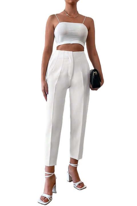 Pantaloni Dama Cu Talie Inalta Si Croiala Cropped, Alb