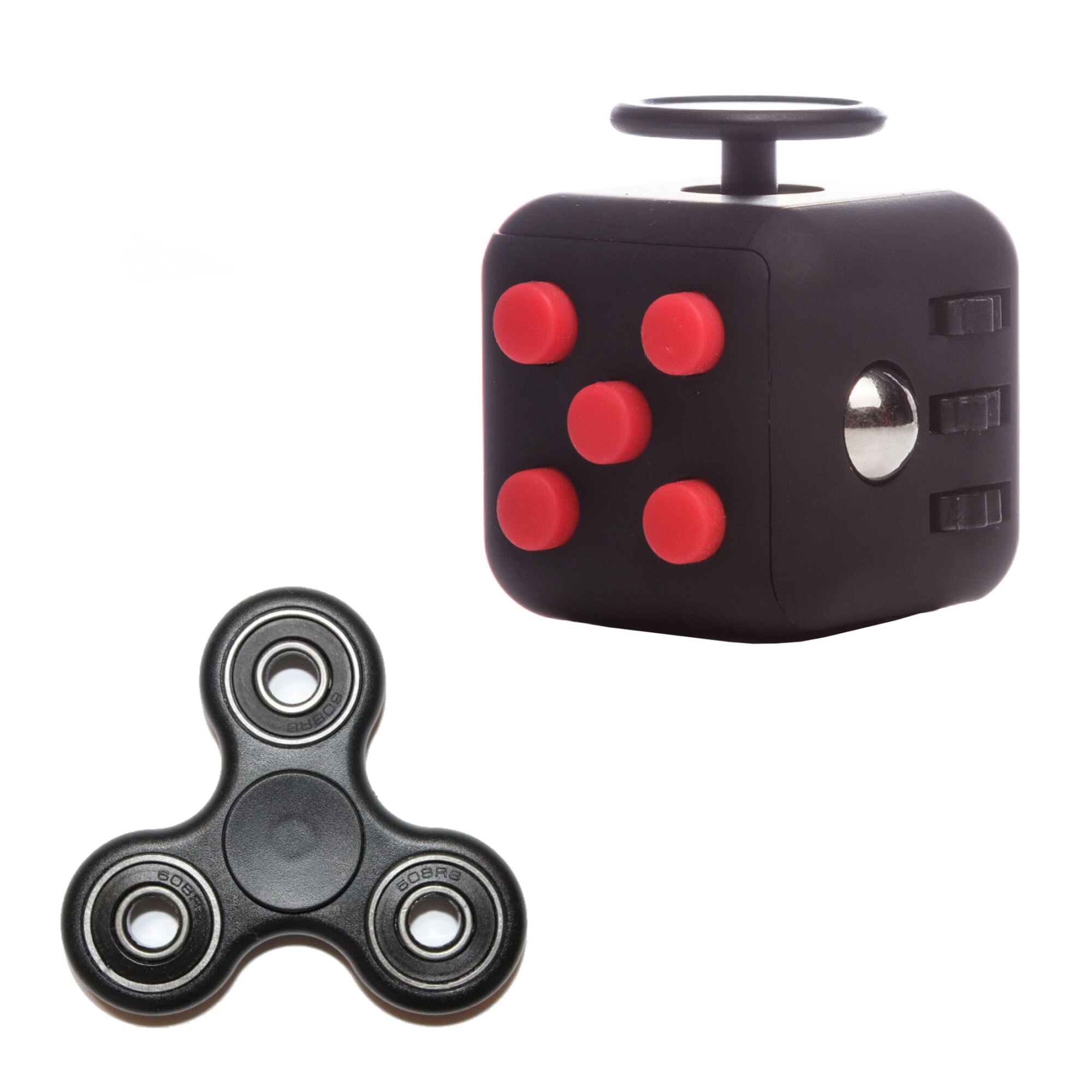 Set jucarie antistress fidget cube negru-rosu si fidget spinner