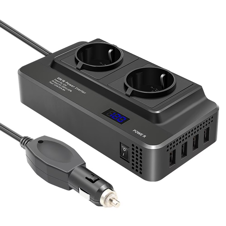 Инвертор iSEN 8300 със синусоидална вълна, черен, 200 W, DC24V до AC220V, LCD дисплей, 2 AC EU щепсела, 4 USB порта с бързо зареждане