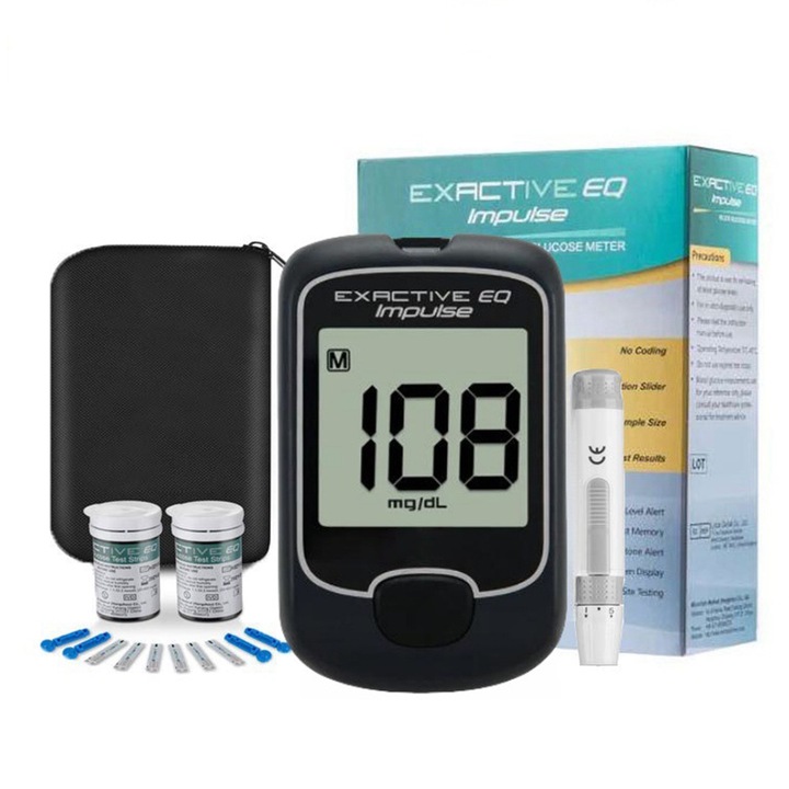 Glucometru digital LCD, 50 benzi de testare, 50 ace, negru, 20-600mg/dL, 10s