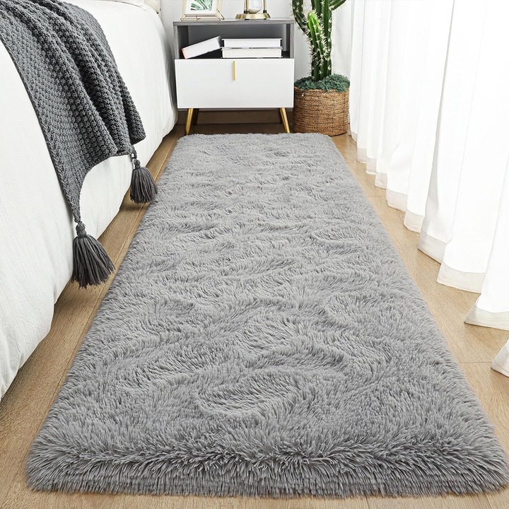 Covor shaggy, YISYNIM, gri, 60x180cm, material poliester, non-slip