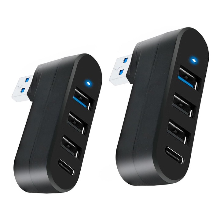 USB 3.0 хъб, Rqiurpn, 4 порта, въртящ се на 90/180 градуса, черен, комплект от 2 бр.