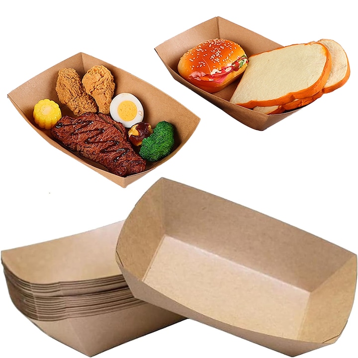 Set 50 boluri din carton kraft, biodegradabile, pentru finger food, maro, 17x6x2.5cm