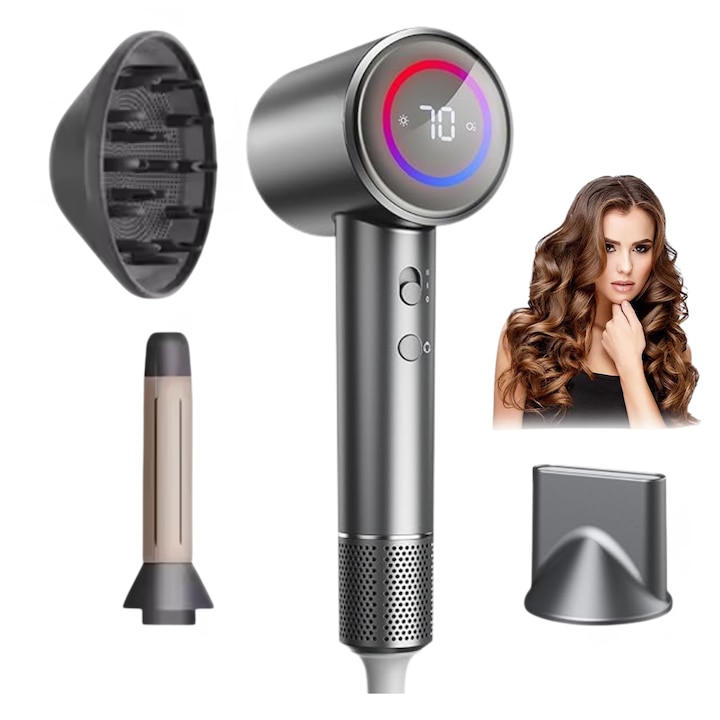 Професионален йонен сешоар TSItech®, бързо изсушаване за 3 минути, 200 милиона отрицателни йони, с 2 скорости и 4 температурни нива, мощност 1600 W, комплект от 3 аксесоара за оформяне плюс магнитна опора за стена, сив