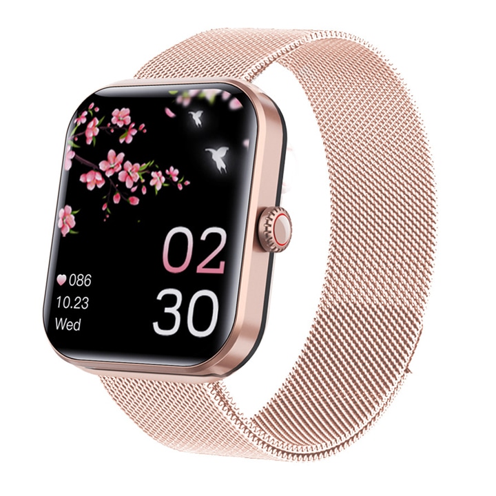 Водоустойчив смарт часовник за наблюдение на здравето, 1,9 инча, неръждаема стомана, унисекс, розов