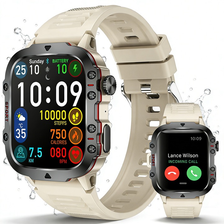 Ceas inteligent sportiv, GPS, autonomie lunga, ecran HD de 1,96”, rezistent la apa 3ATM, anti-zgarieturi si anti-cadere, moduri sportive, apeluri, pentru exterior