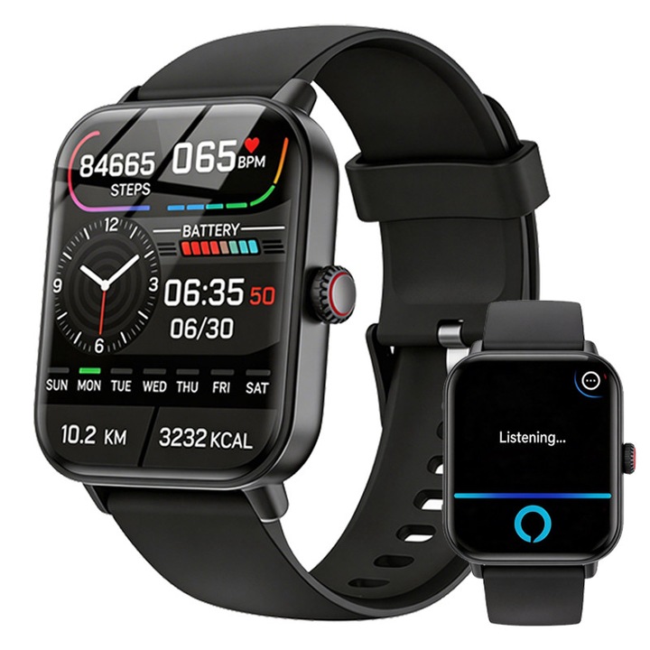 Ceas inteligent, ecran ultra HD 1,9 inchi, Bluetooth, impermeabil IP68, mod sport, apeluri, notificari, negru