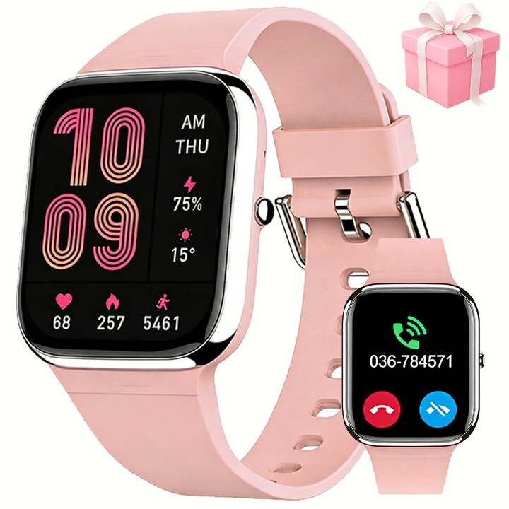 Ceas inteligent cu ecran 1,85" HD | Apeluri vocale | Monitorizare menstruatie, puls, somn, oxigen | Rezistent la apa IP68 | Compatibil iPhone/Android