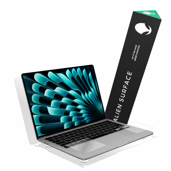 Apple MacBook Air M3-mal kompatibilis védőfólia, 13 hüvelykes, 2024, teljes védelem kívül és pihenőpárna belül, Alien Surface