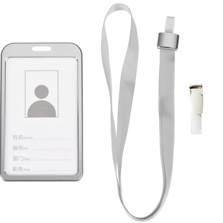 Държач за бадж Flyme от алуминиева сплав с подвижна скоба и ремък, двойна прозрачна страна, сребрист