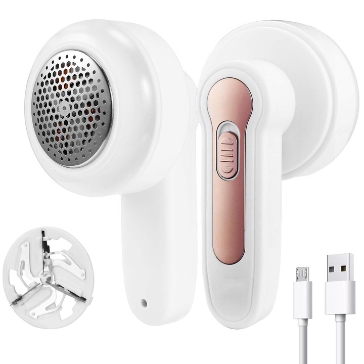 Aparat electric de indepartat scame, Hggzeg, Curatare detasabila, Include lamele, Incarcare rapida USB, Pentru indepartarea scametei de pe tesaturi, lenjerie de pat si imbracaminte, ABS + inox, Alb