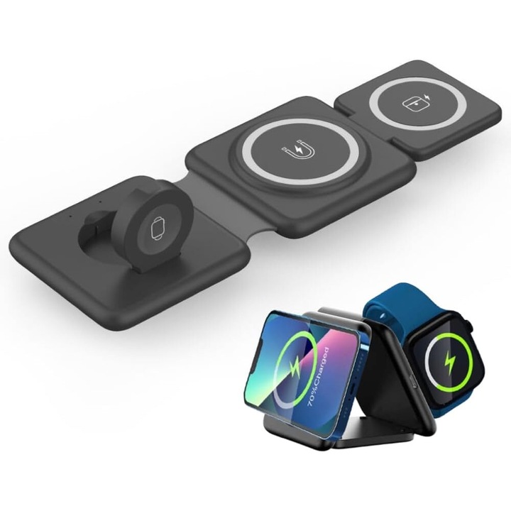 Incarcator wireless fast charger, Statie de incarcare 3 in 1, pliabila, magnetica 15W, incarcator rapid pentru mai multe dispozitive de calatorie pentru iPhone 16/15/14/13/12 Series, AirPods 3/2/Pro/Pro2, iWatch, Negru gri