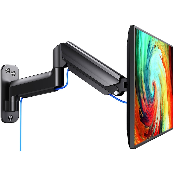 Suport de perete pentru monitor pentru ecrane de maximum 32 inchi, sustine pana la 19,8 lbs, suport de perete pentru brat pentru monitor cu arc de gaz, inclinare complet reglabila, pivotare, rotire, VESA 75/100 mm, WALALLA, otel aliat, negru
