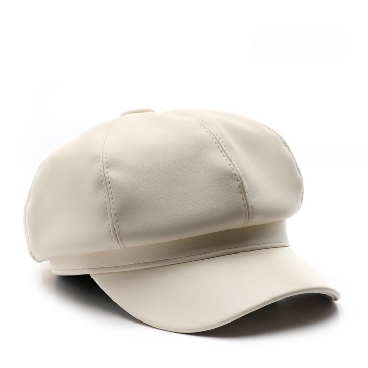 Bereta de dama, palarie octogonala retro, piele, bej, 56-60cm