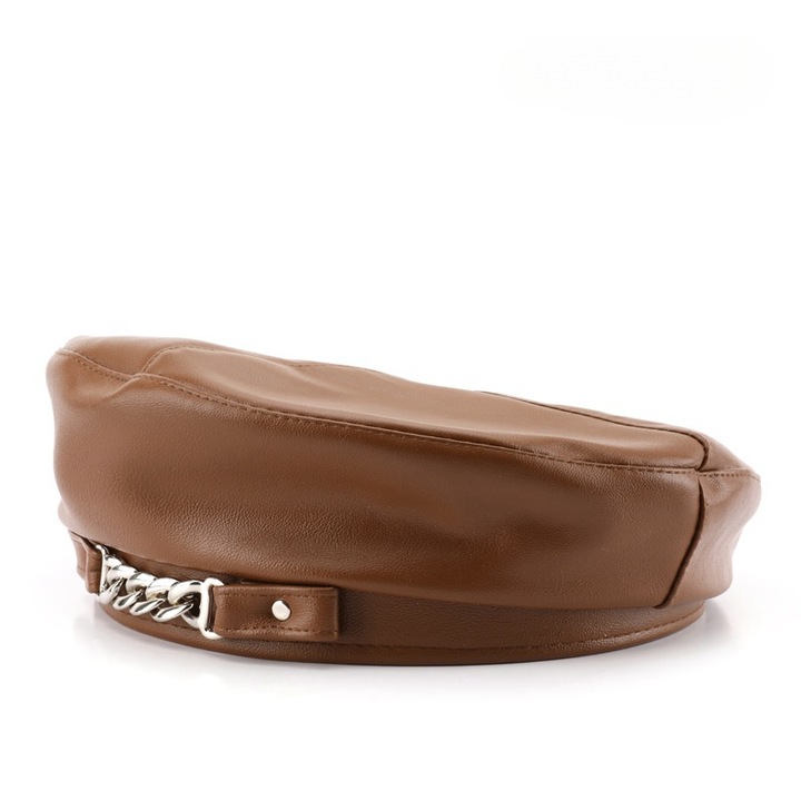 Bereta de dama retro, palarie octogonala din piele, maro, 56-60cm