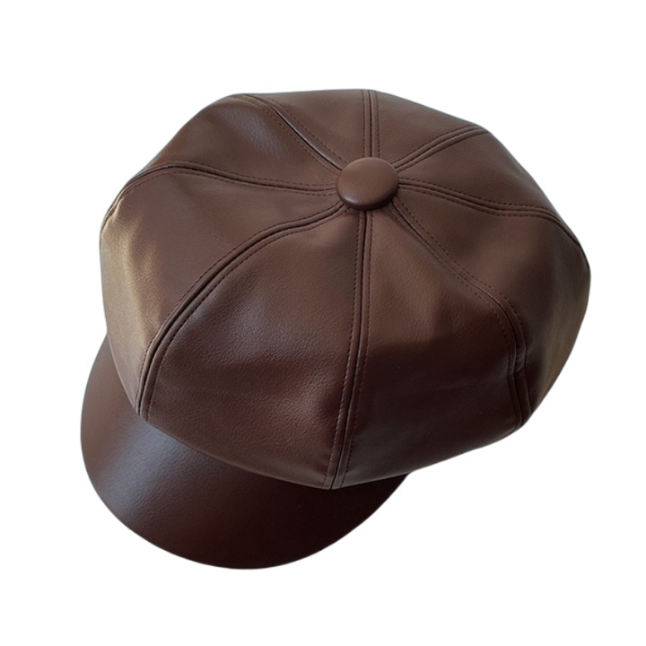 Bereta retro pentru femei, palarie de dovleac octogonala, piele, maro, 55-59cm