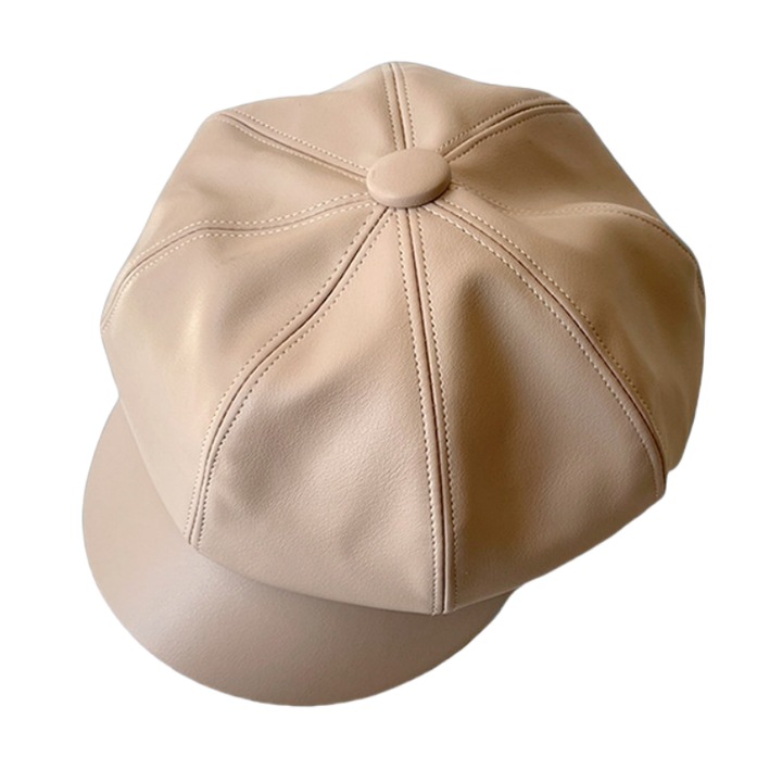 Bereta retro pentru femei, palarie de dovleac octogonala, piele, bej, 55-59cm