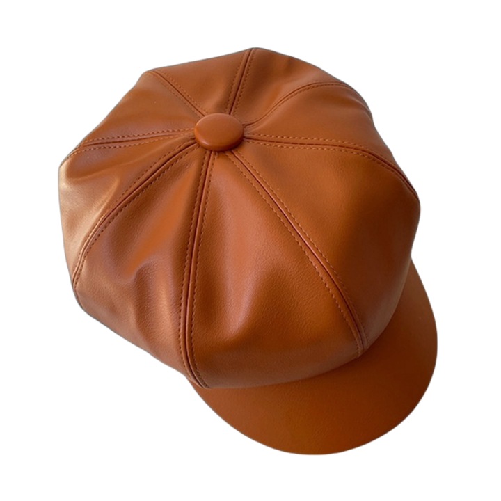 Bereta retro pentru femei, palarie de dovleac octogonala, piele, portocaliu, 55-59cm