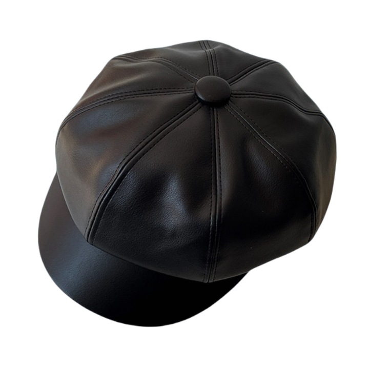 Bereta retro pentru femei, palarie de dovleac octogonala, piele, negru, 55-59cm
