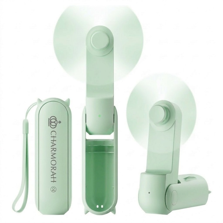 Ventilator Ultra Portabil Charmorah 3 in 1, Mini Pliabil, USB Reincarcabil, Baterie 2500mAh, Racire Rapida, Silentios, pentru calatorie/vara/concerte/gene/cadouri, Acumulator Extern, Verde