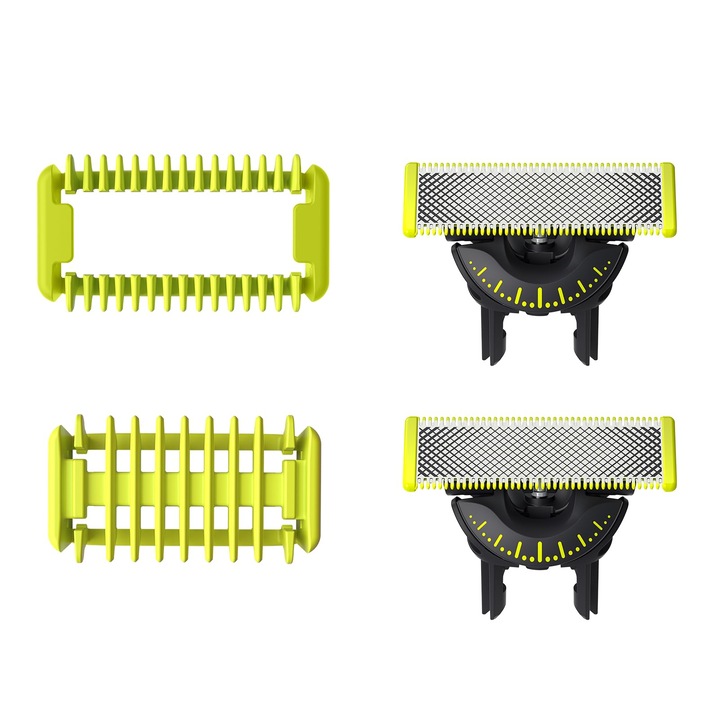 Set 4 lame de schimb pentru Philips OneBlade, OEMG®, inox, 2 pieptene, barbierit uscat/umed, Verde