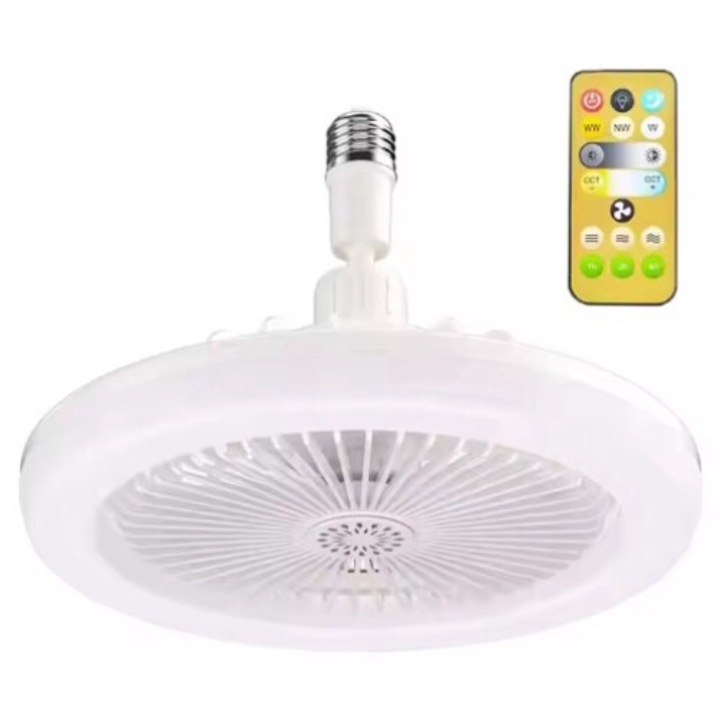 Ventilator de plafon, Charmorah, 50W LED, 3 Trepte viteza, E27 port, Cu Telecomanda, Cu Temporizator, Cu Aromaterapie, ventilator de mana, ventilator portabil, mini ventilator portabil, Alb