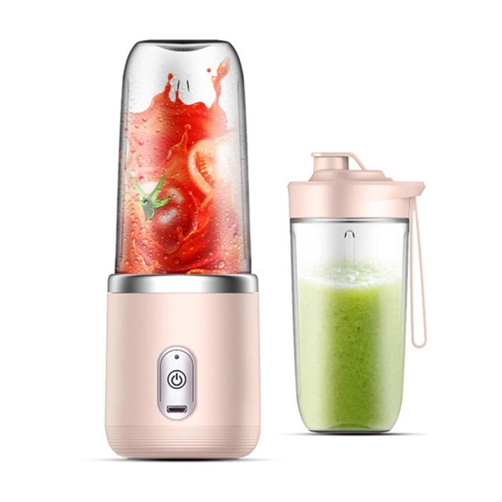 Blender portabil, 400ml, 40W, 6 lame, roz, set 2 cupe