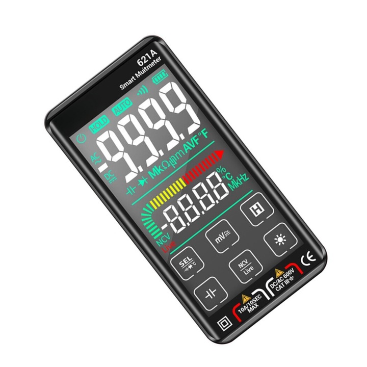 Multimetru digital 621A, Ecran LCD 4.5inch, Masoara Curent DC/AC, Ecran complet, incarcare, multimetru, digital, de inalta precizie, inteligent, masurare automata, Tensiune, Temperatura Capacitate, Continuitate, Rezistenta, Test Frecventa, NCV, Negru