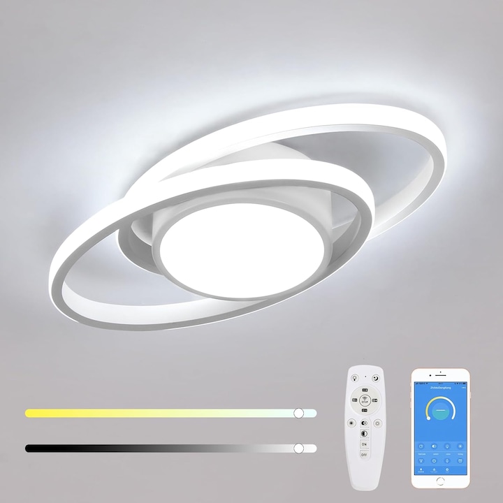Plafoniera LED, Toolight, Alb, Rotund, 39W, 4387LM, 38×17×6cm, Reglare infinita cu telecomanda/APP, 3000K-6500K, pentru dormitor, sufragerie, birou