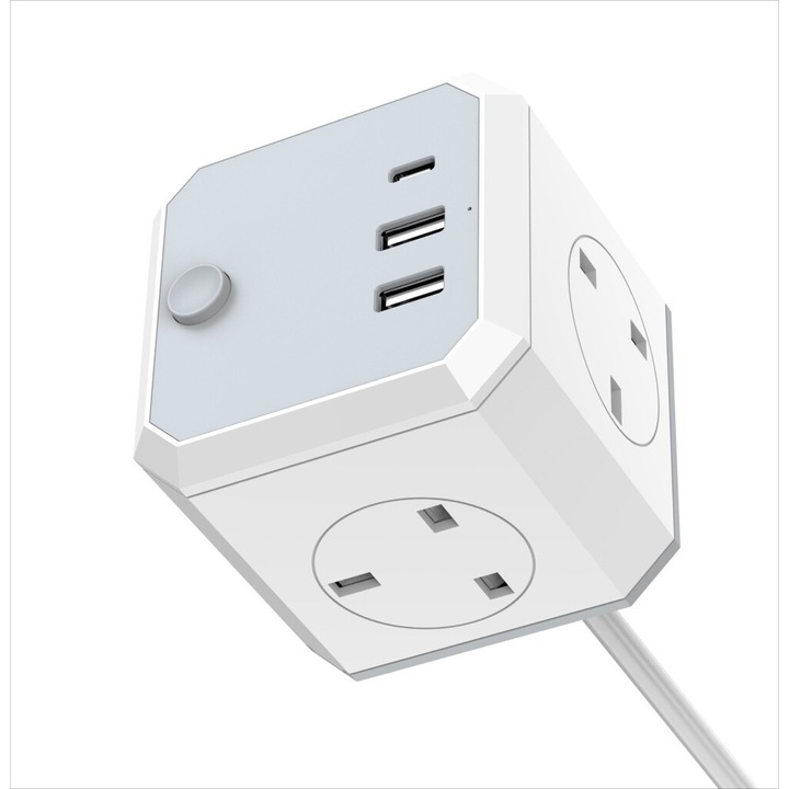 Разклонител Cube 7 В 1, с 2x USB TYPE-A, 1x Type-C, Тип Рубик, All-in-One, Мултифункционален, Стенен контакт, Домашен, USB конвертор, Бързо зареждане, Защита от пренапрежение, 220V -250V/10A, 2500W, Бял