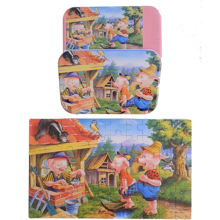 A három kismalac puzzle, A 3 kismalac története, 60 darab gyerekeknek, digitális nyomat segítő számokkal gyerekeknek, többszínű, BUGHY'S