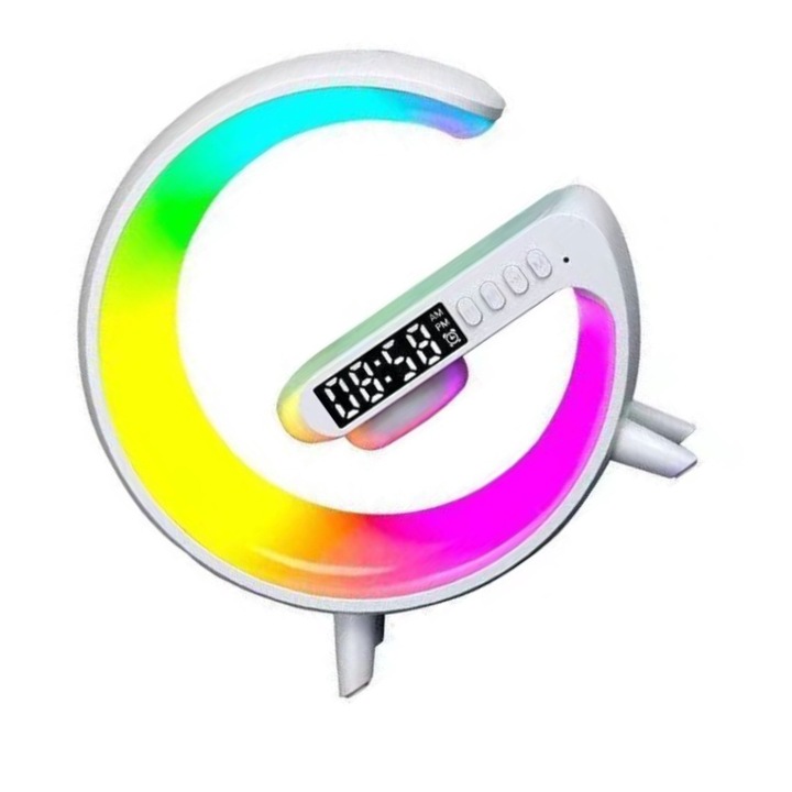 Ceas digital multifunctional, incarcare telefon wireless, Audio Bluetooth, lumini de atmosfera colorate, multifunctional, acasa, Lumina de veghe, confort ochi, setare alarma, boxa portabila, Lampa LED RGB, Mai multe moduri de lumina ambientala, Alb