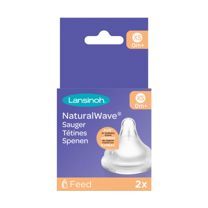 Силиконов биберон с бавен поток, NaturalWave® XS, Lansinoh, 2 броя, 0 месеца+
